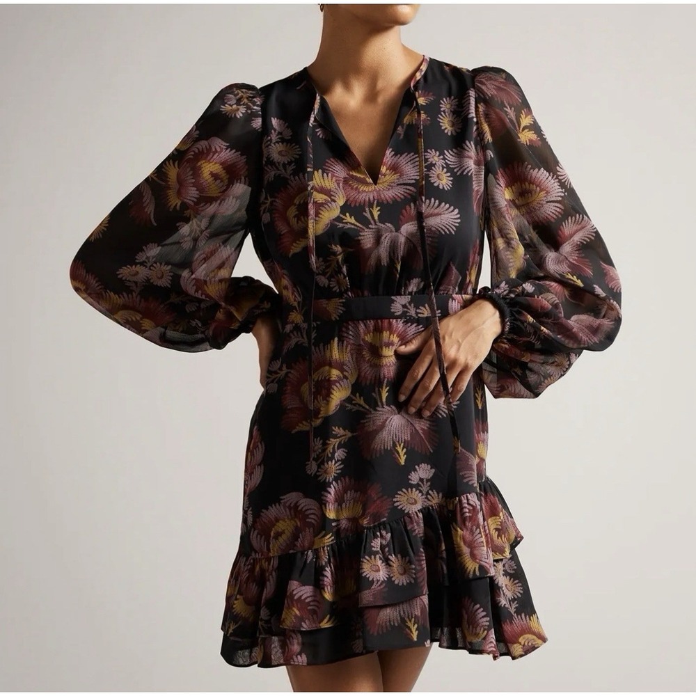 Ted‎ Baker Piara Ruffle Assymetric Mini Dress Black Floral Chiffon Size 2 $285